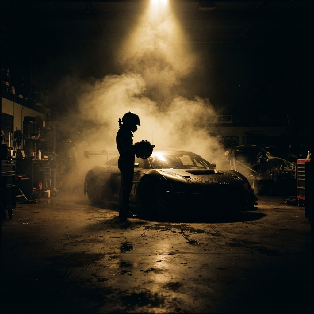 Performance car and driver silhouette illuminated by a golden beam of light